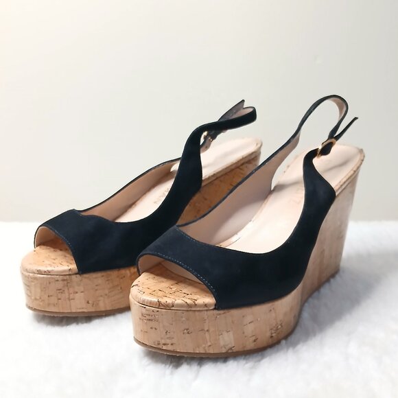 Stuart Weitzman Riveria Platform Wedge Suede Sandals Black Size 8.5 - Picture 3 of 10